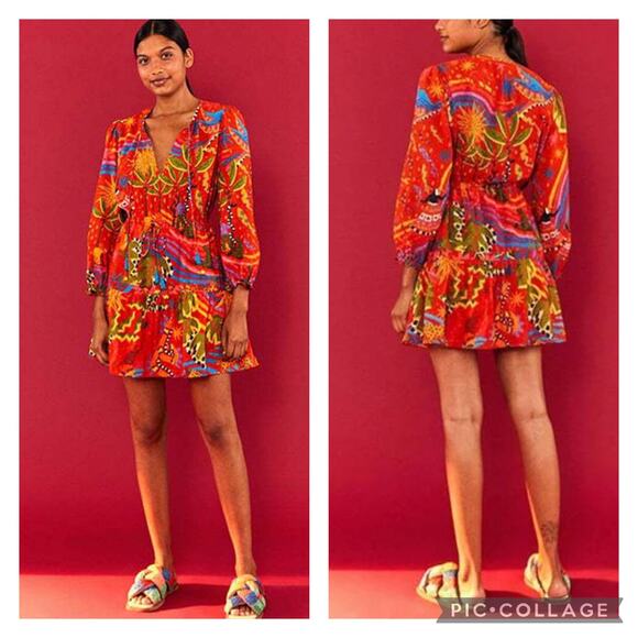 FARM Rio Dresses & Skirts - Farm Rio Magic Forest Cotton Mini Dress V-Neck Long Sleeve Beaded Tassels sz M